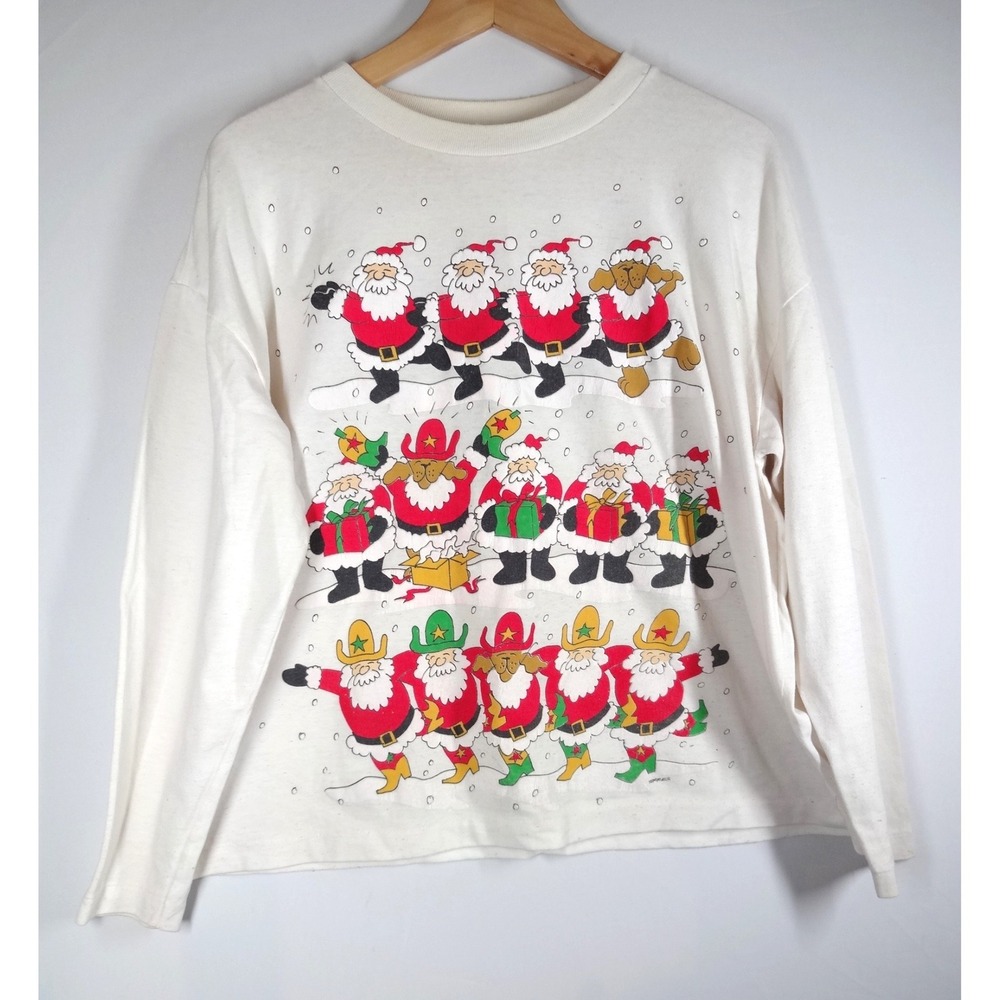 VTG Graphic Tee Women XL Off-White Santa Reindeer Dog Ugly Christmas Teacher‎